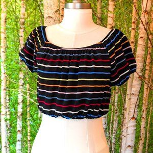 Cropped Rainbow Striped Puffed Sleeve Rayon Top